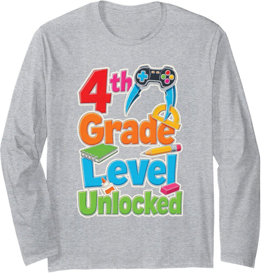 4th Grade Level Unlocked Video Game First Day Boys Girls Long Sleeve T-Shirt - Adult Unisex Heather Grey