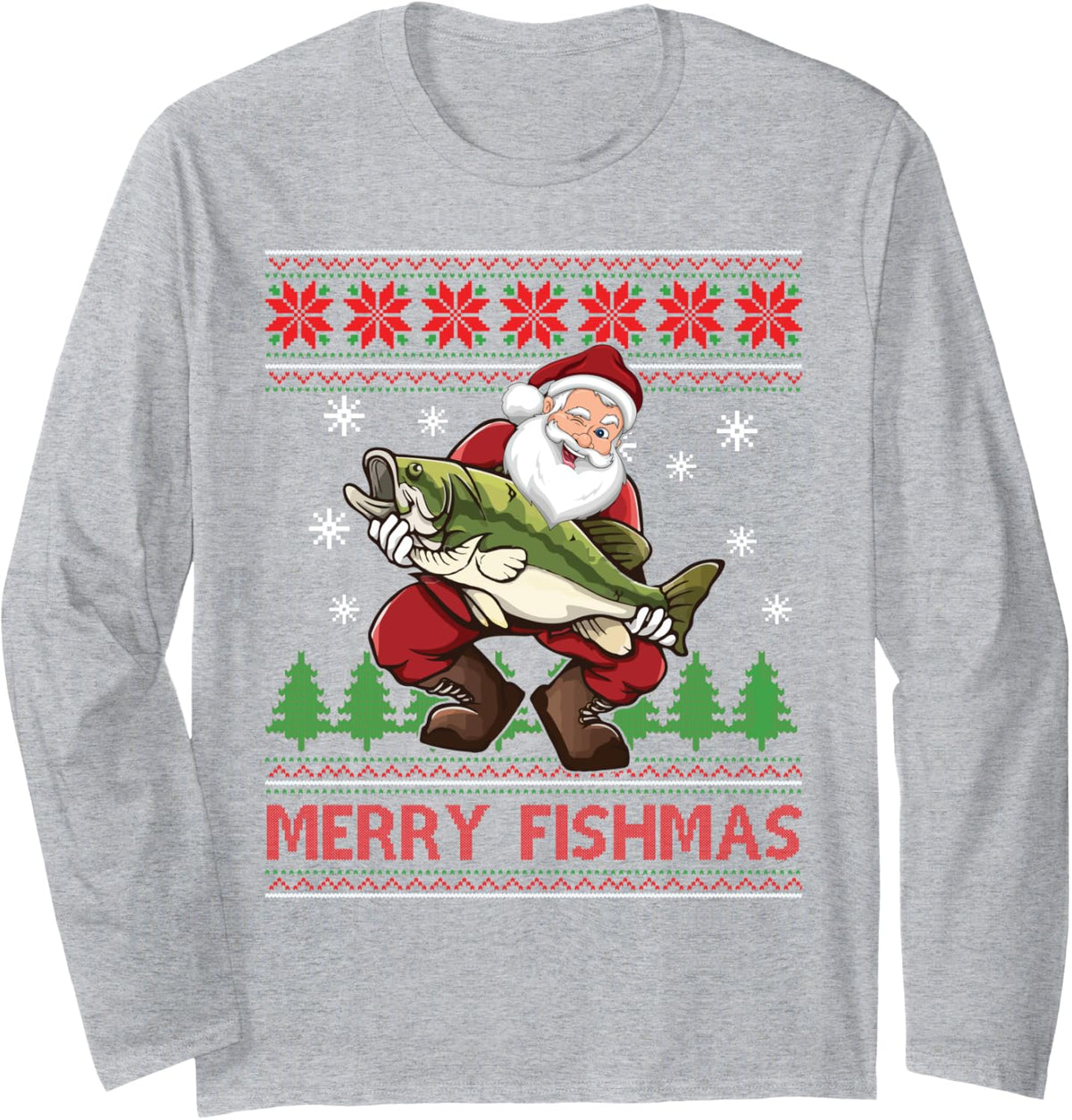 Merry Fishmas Santa Fishing Ugly Christmas Sweater Style Long Sleeve T-Shirt - Adult Unisex Heather Grey