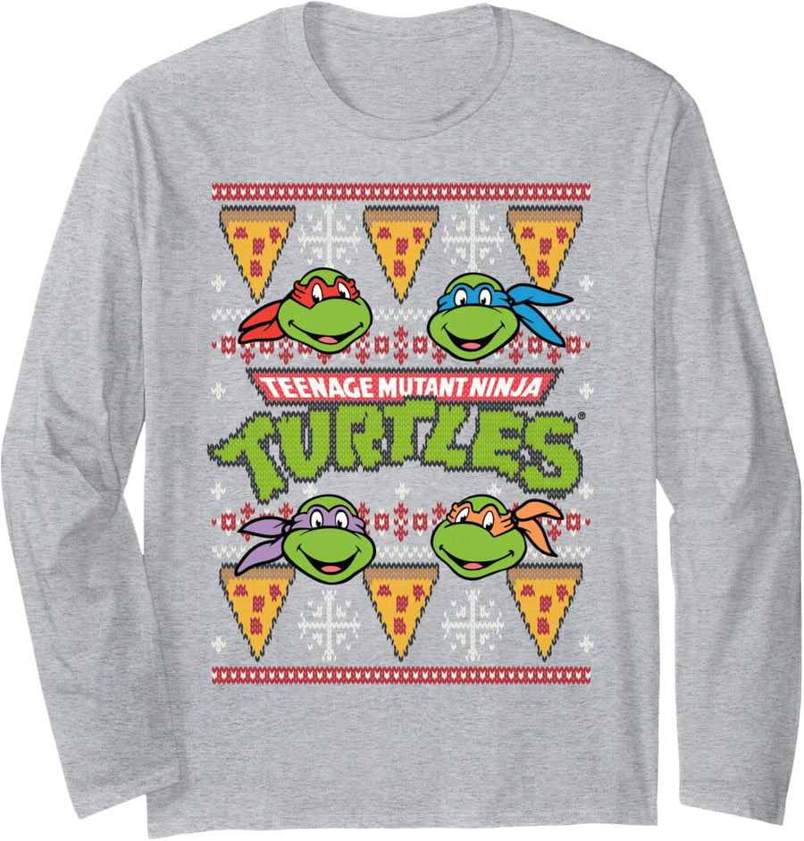 TMNT Ugly Xmas Sweaters With Pizza Long Sleeve T-Shirt - Adult Unisex Heather Grey
