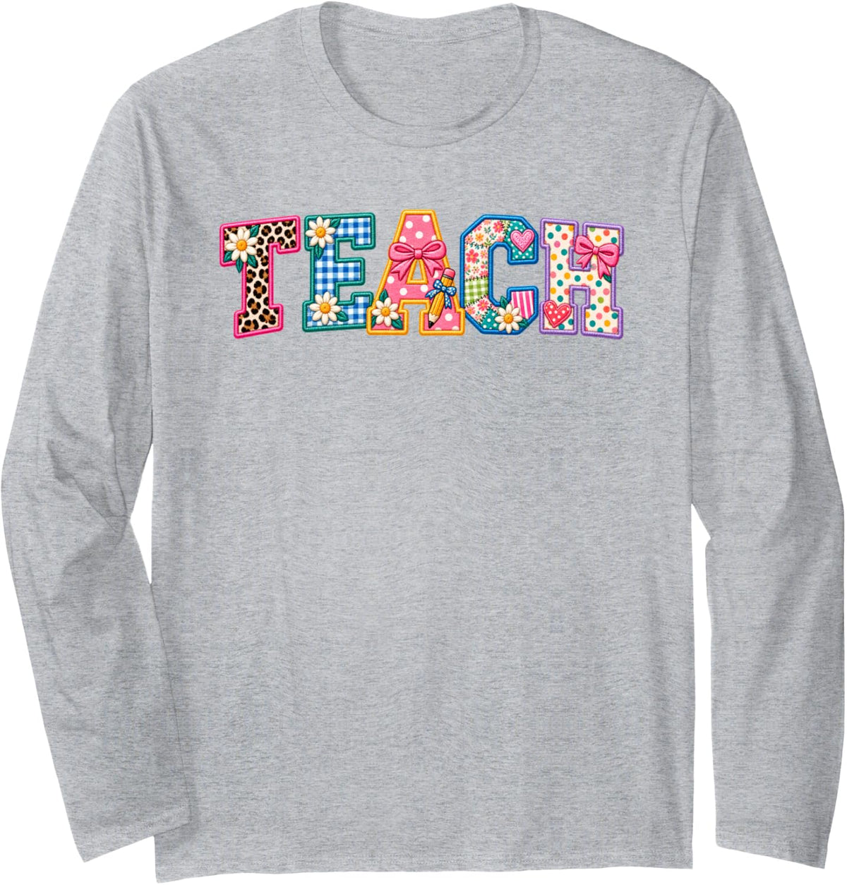 Teach Teacher Inspirational Pencil Cheetah Bows Long Sleeve T-Shirt - Adult Unisex Heather Grey