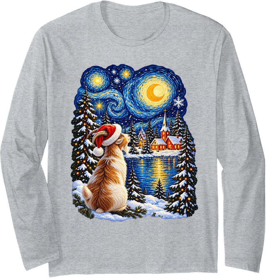Christmas Goat Dreamy Santa Hat Winter Stars Men Women Long Sleeve T-Shirt - Adult Unisex Heather Grey