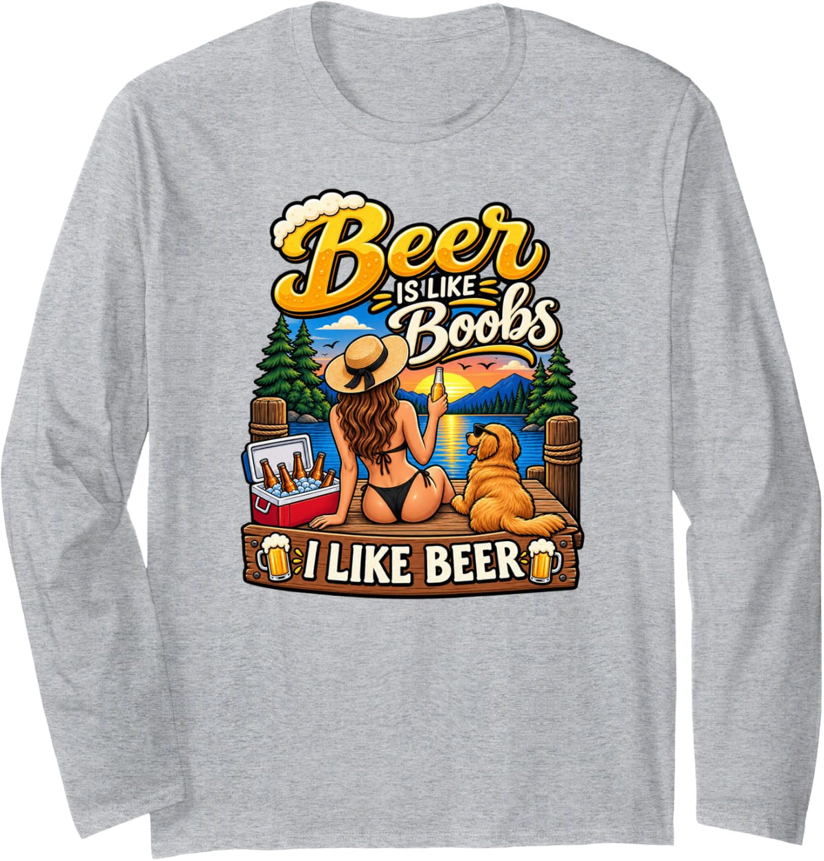 Beer is Like Boobs Funny Camping Lake Campfire Men Long Sleeve T-Shirt - Adult Unisex Heather Grey