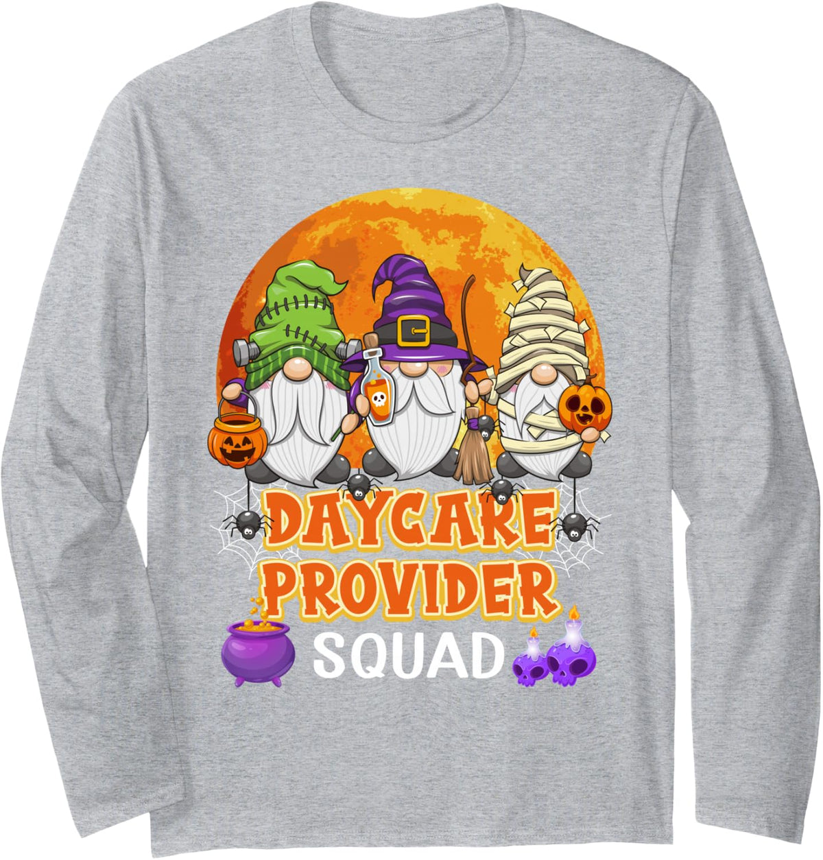 Daycare Provider Squad Halloween Gnome Matching Long Sleeve T-Shirt - Adult Unisex Heather Grey