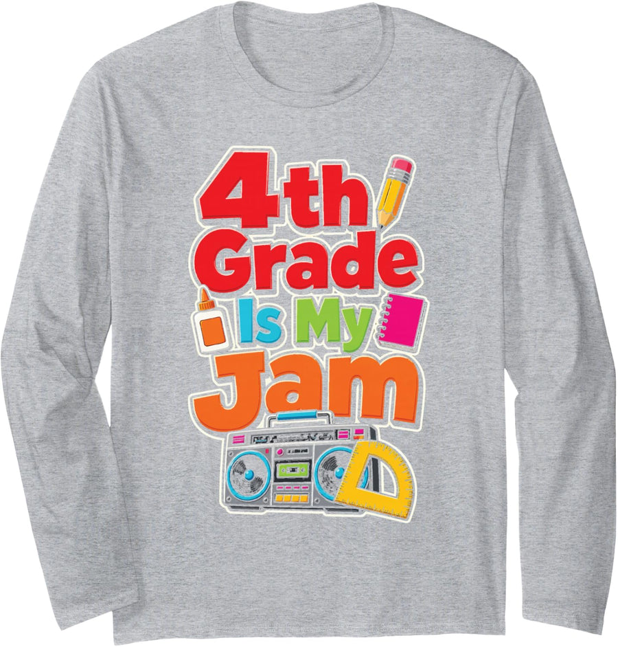 4th Grade is My Jam Fourth Grader Elementary School Retro Long Sleeve T-Shirt - Adult Unisex Heather Grey