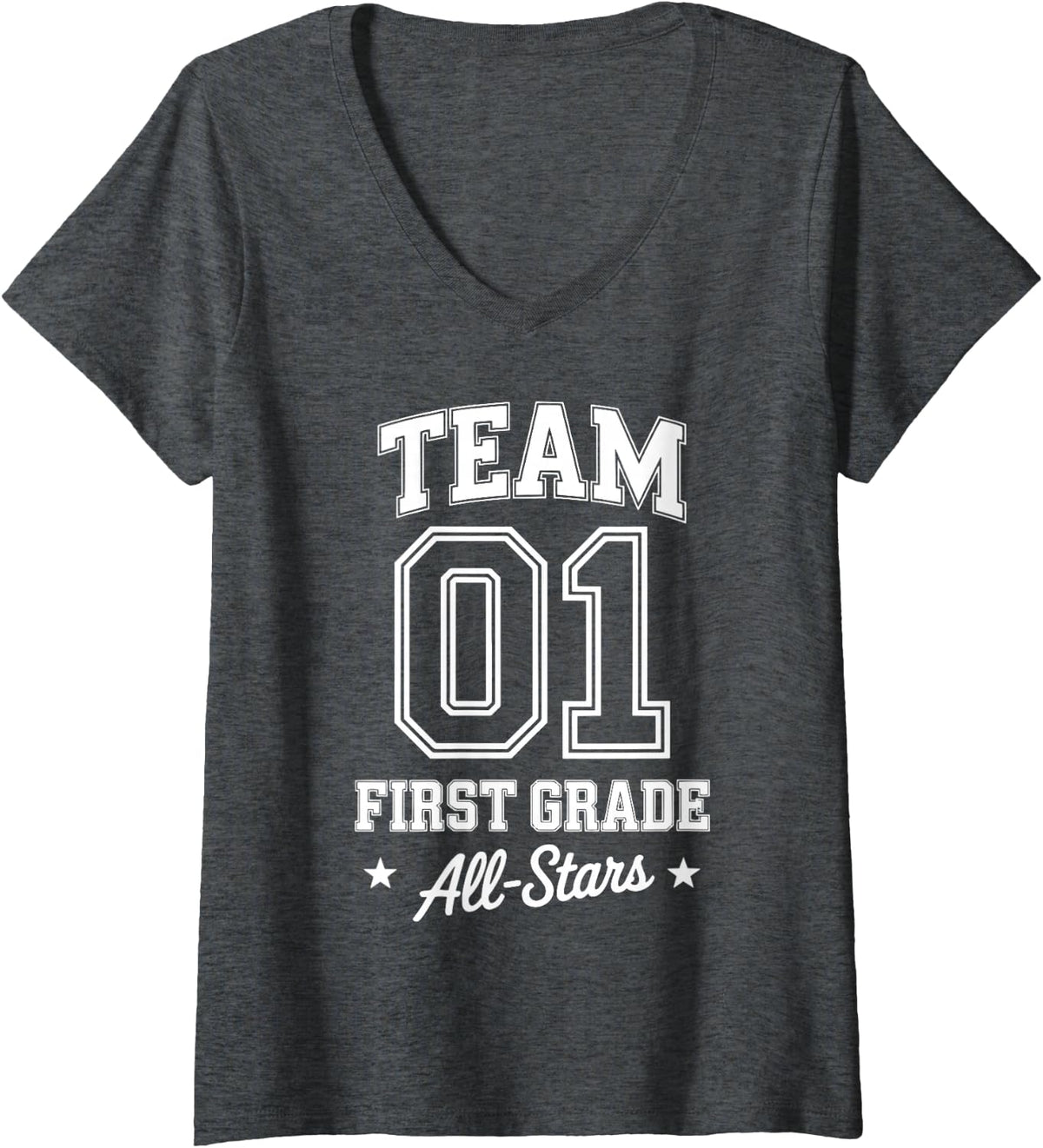 Womens Team 01 First Grade All-Stars School Spirit Student V-Neck T-Shirt - Dark Heather Grey