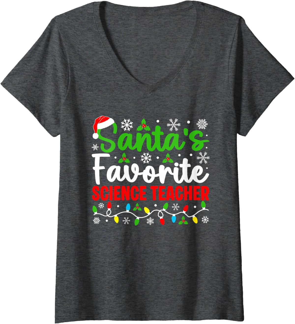 Women's Santa's Favorite Science Teacher Funny Christmas V-Neck T-Shirt - Dark Heather Grey