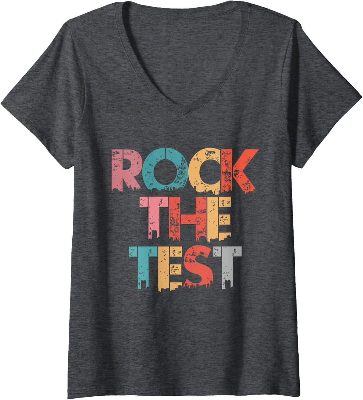 Women's Rock The Test Vintage Teacher Test Day Testing Day Teacher V-Neck T-Shirt - Dark Heather Grey