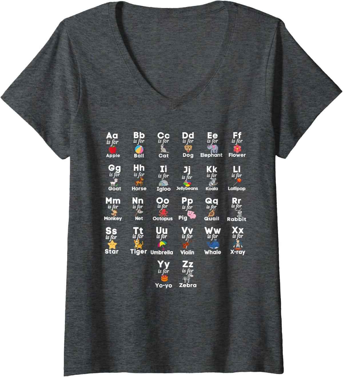 Women's A to Z Alphabet Pre-School Kindergarten Teacher Student Kids V-Neck T-Shirt - Dark Heather Grey
