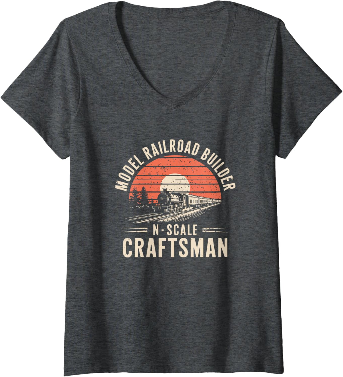 Women's N Scale Model Railroad Builder Layout Hobby V-Neck T-Shirt - Dark Heather Grey
