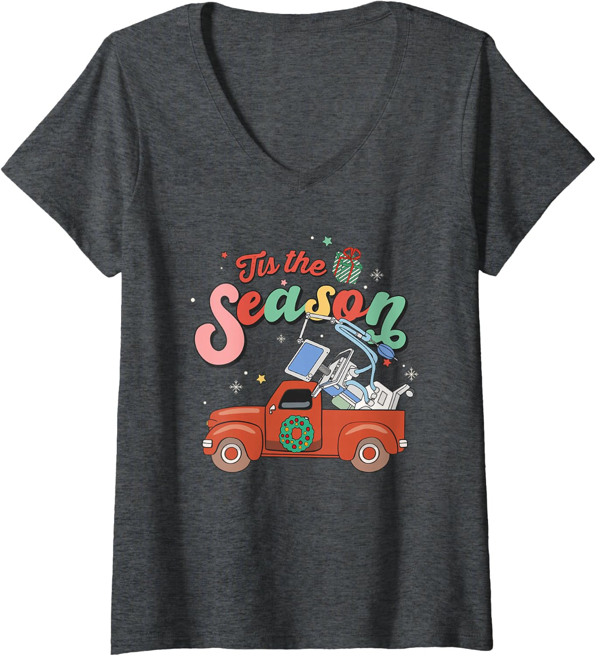 Women's Respiratory Therapy Nurse Christmas Hospital Holiday Party V-Neck T-Shirt - Dark Heather Grey
