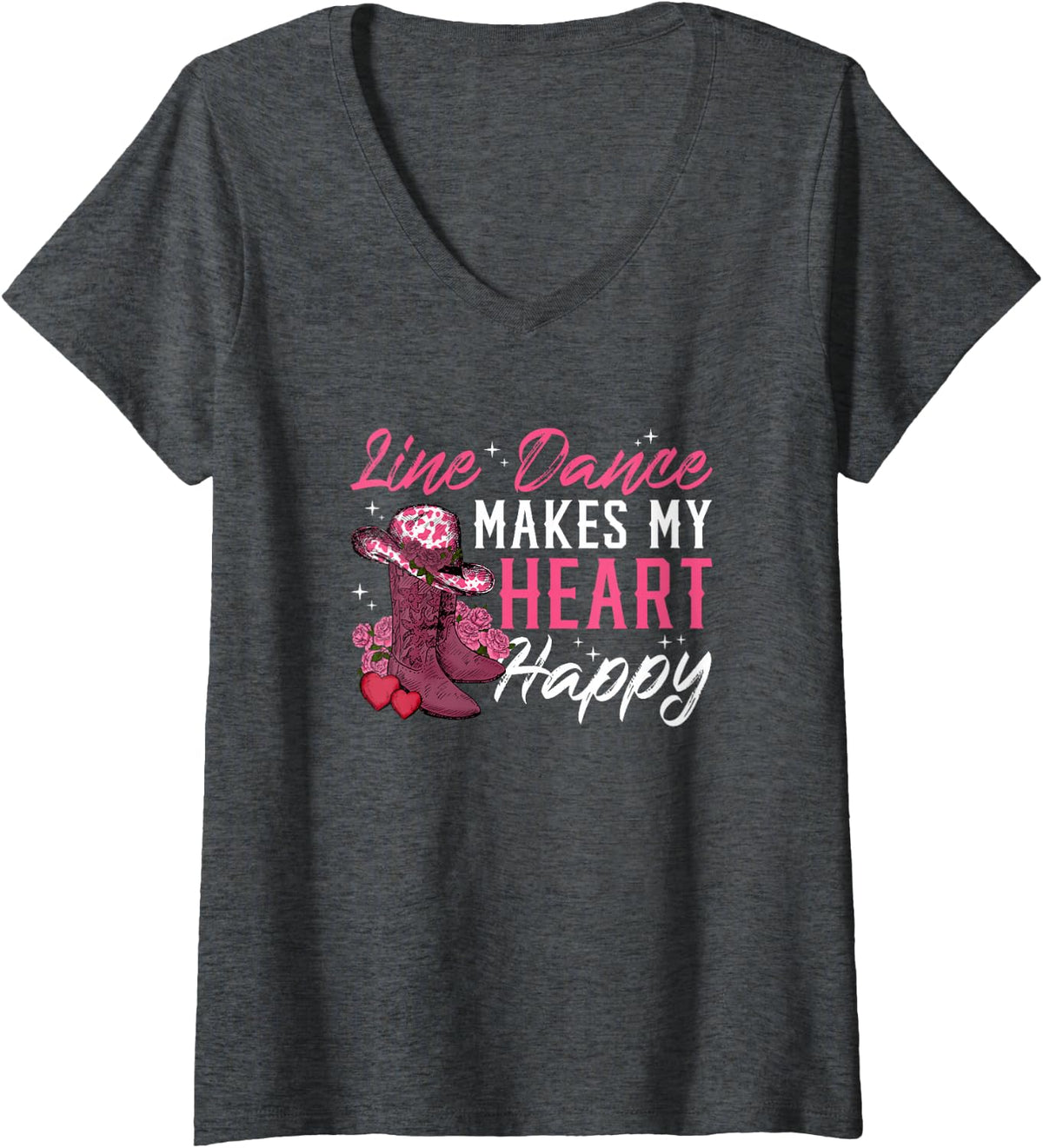 Womens Line Dance Makes My Heart Happy Line Dancer Line Dancing V-Neck T-Shirt - Dark Heather Grey