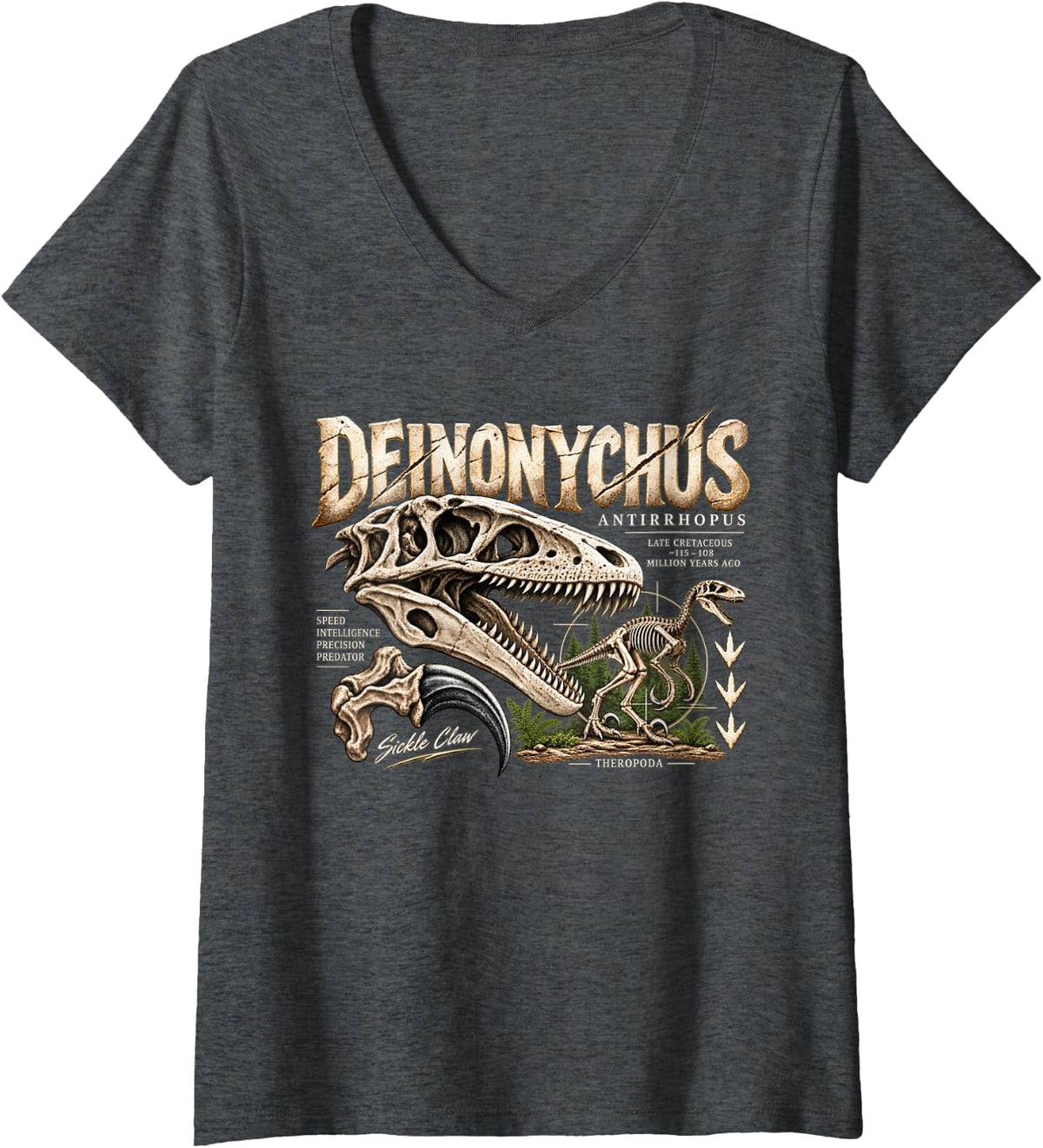 Women's Deinonychus Antirrhopus Fossil Sickle Claw Dinosaur V-Neck T-Shirt - Dark Heather Grey