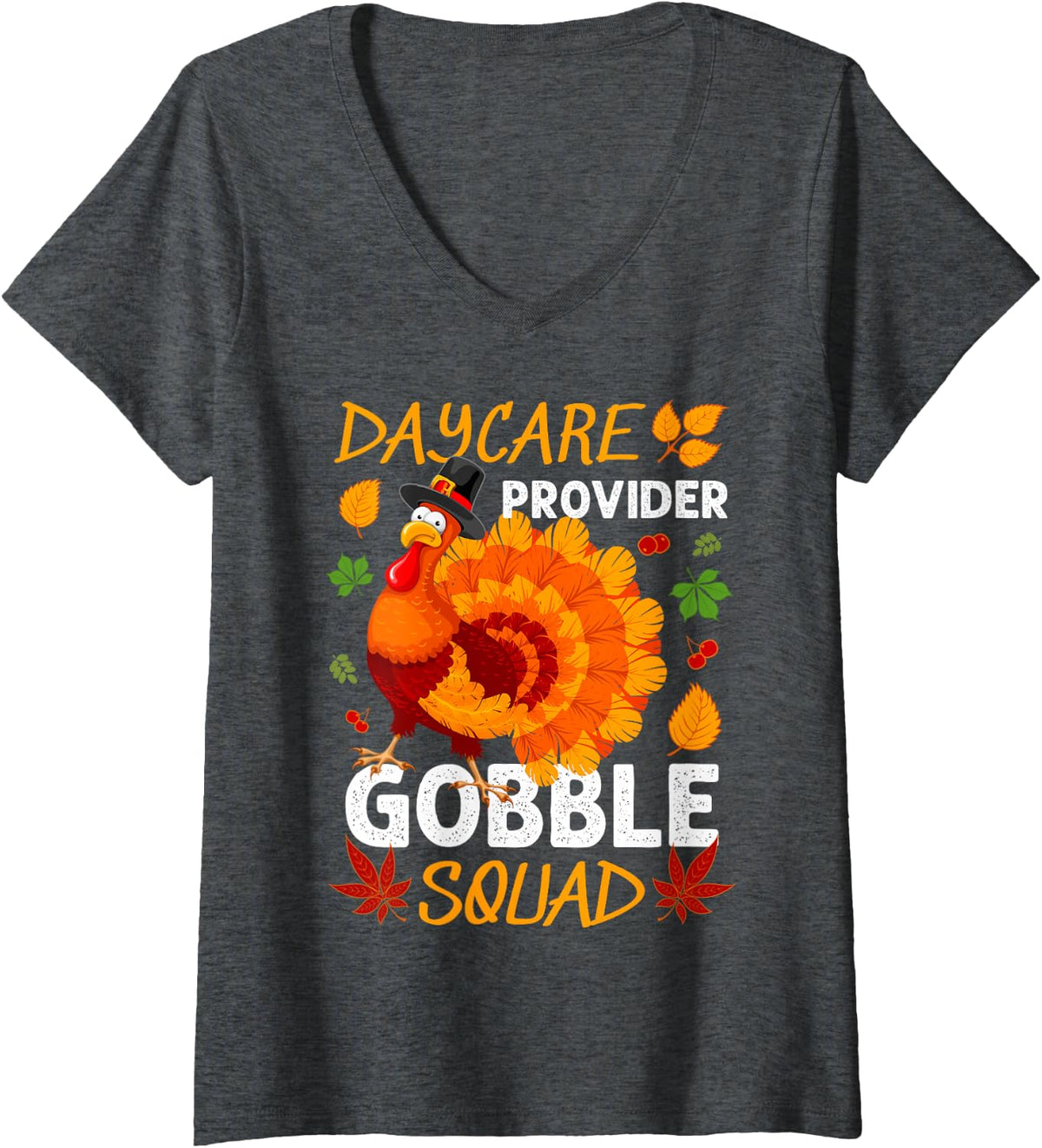 Women's Daycare Provider Gobble Squad Turkey Thanksgiving Fall V-Neck T-Shirt - Dark Heather Grey