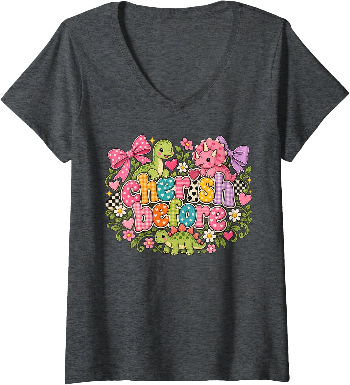 Women's Cute Dinosaur Lover Pastel Dino Hearts V-Neck T-Shirt - Dark Heather Grey
