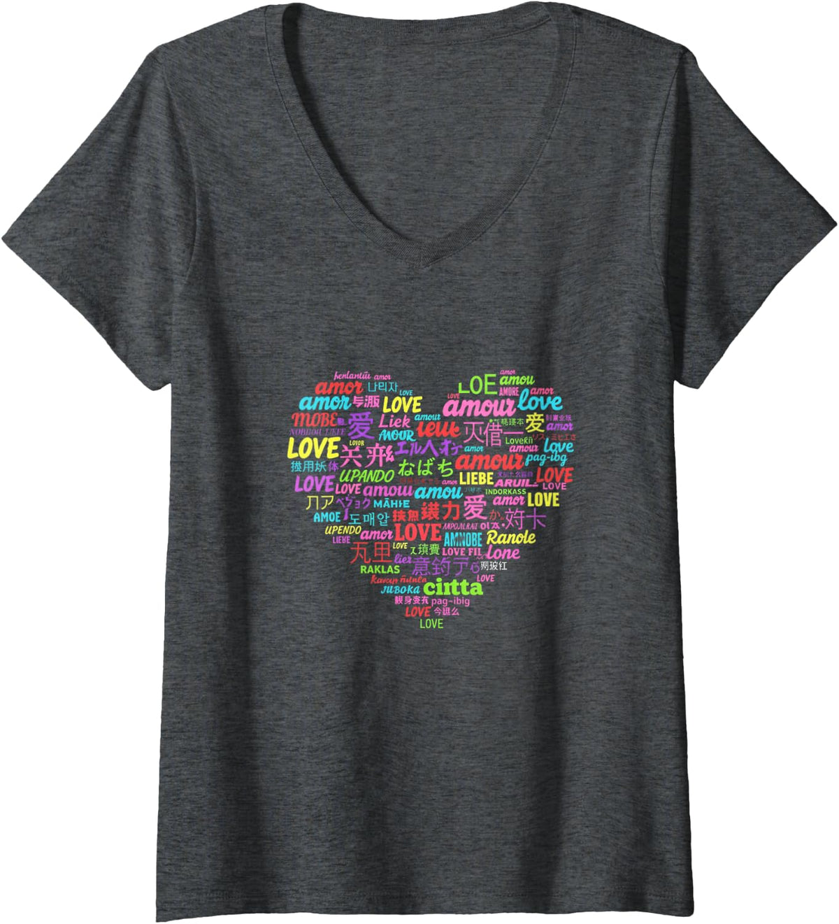 Womens Love in Different Languages Learn A Foreign Language Month V-Neck T-Shirt - Dark Heather Grey