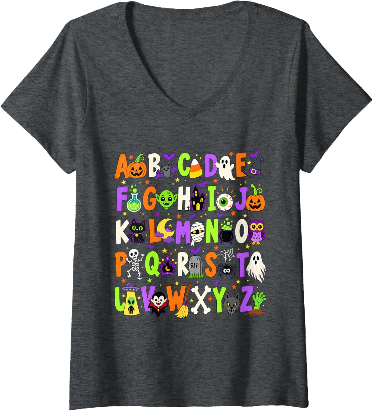 Women's ABCs Learning Kindergarten Teacher Funny Halloween Alphabet V-Neck T-Shirt - Dark Heather Grey