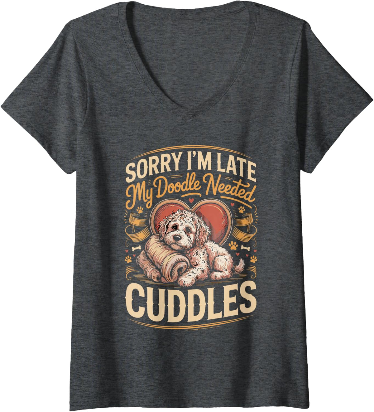 Women's Sorry I'm Late My Doodle Needed Cuddles Labradoodle V-Neck T-Shirt - Dark Heather Grey