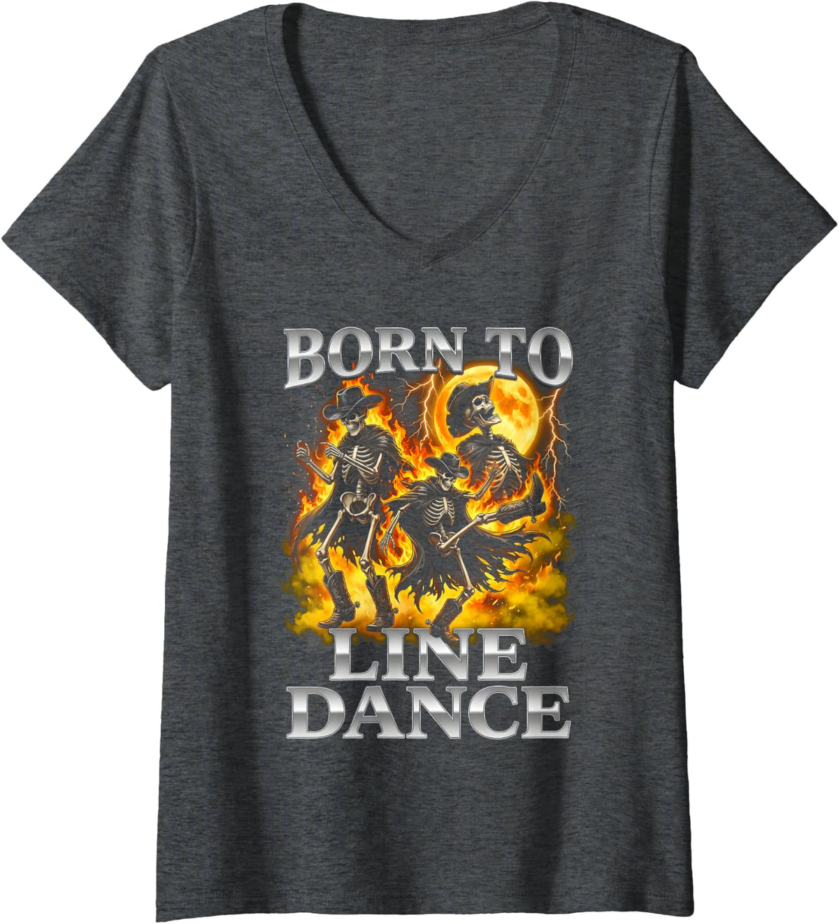 Women's Line Dance Bootleg Skeleton Line Dancing Line Dancer V-Neck T-Shirt - Dark Heather Grey