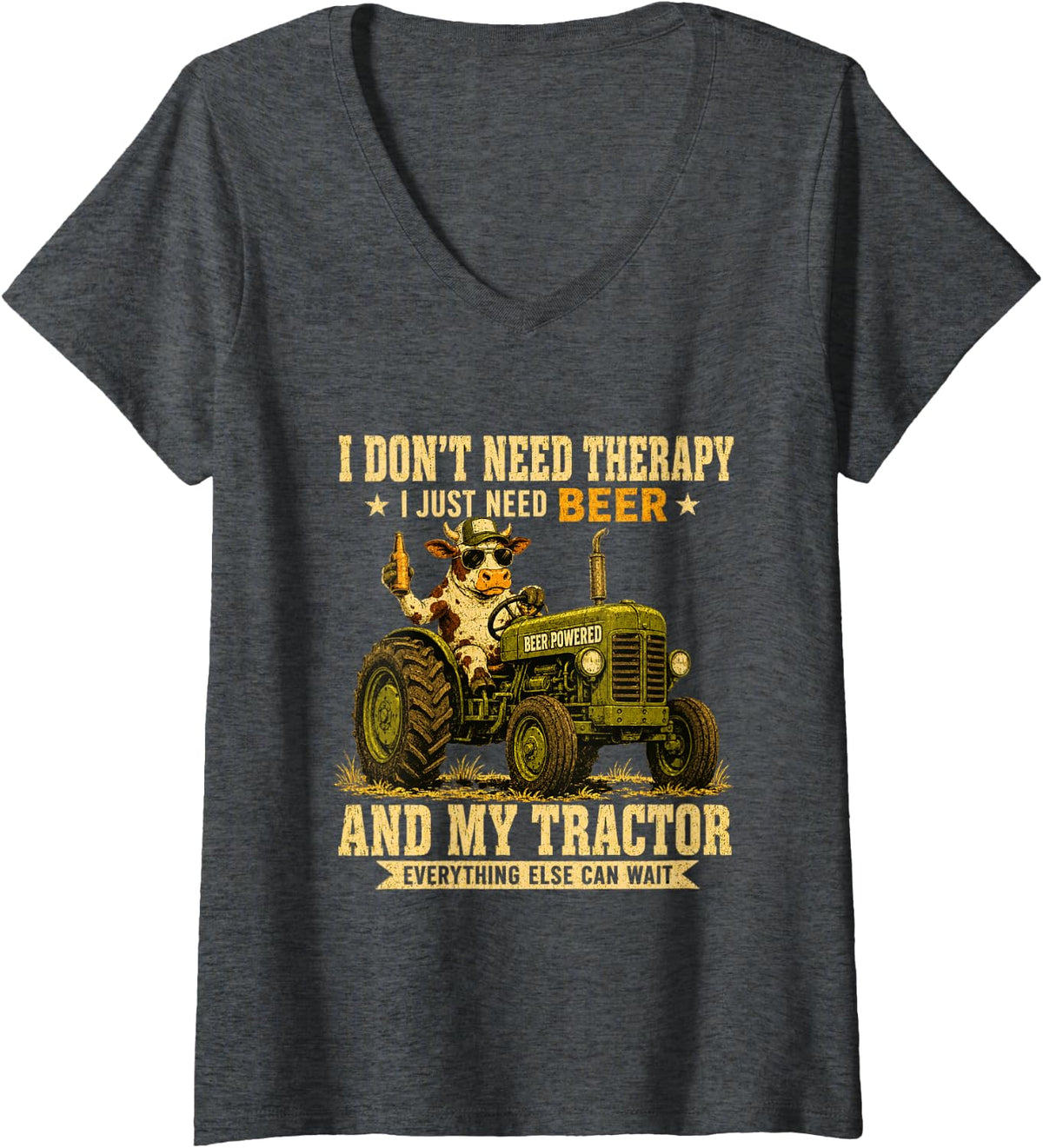 Women's I Don't Need Therapy I Just Need Beer Funny Cow Farmer V-Neck T-Shirt - Dark Heather Grey