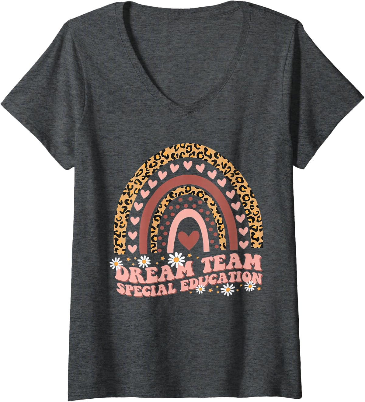 Women's Rainbow Leopard Dream Team Special Education Sped Teacher V-Neck T-Shirt - Dark Heather Grey