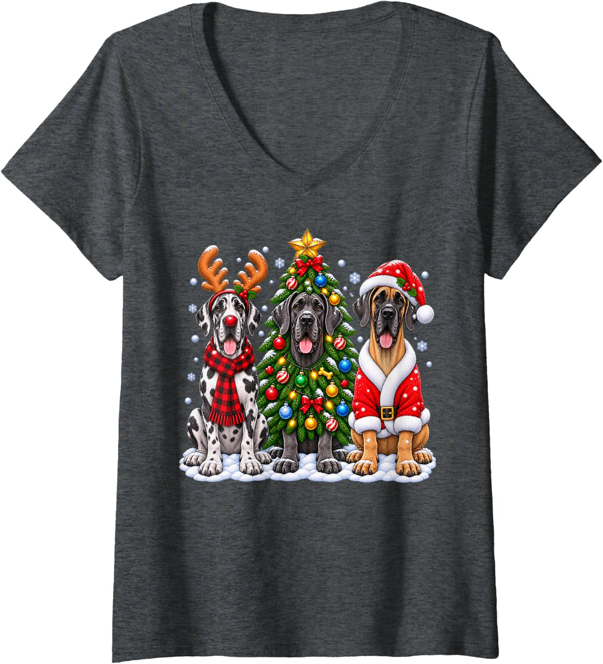 Women's Great Dane Dog Merry Christmas Santa Hat Holidays Xmas V-Neck T-Shirt - Dark Heather Grey