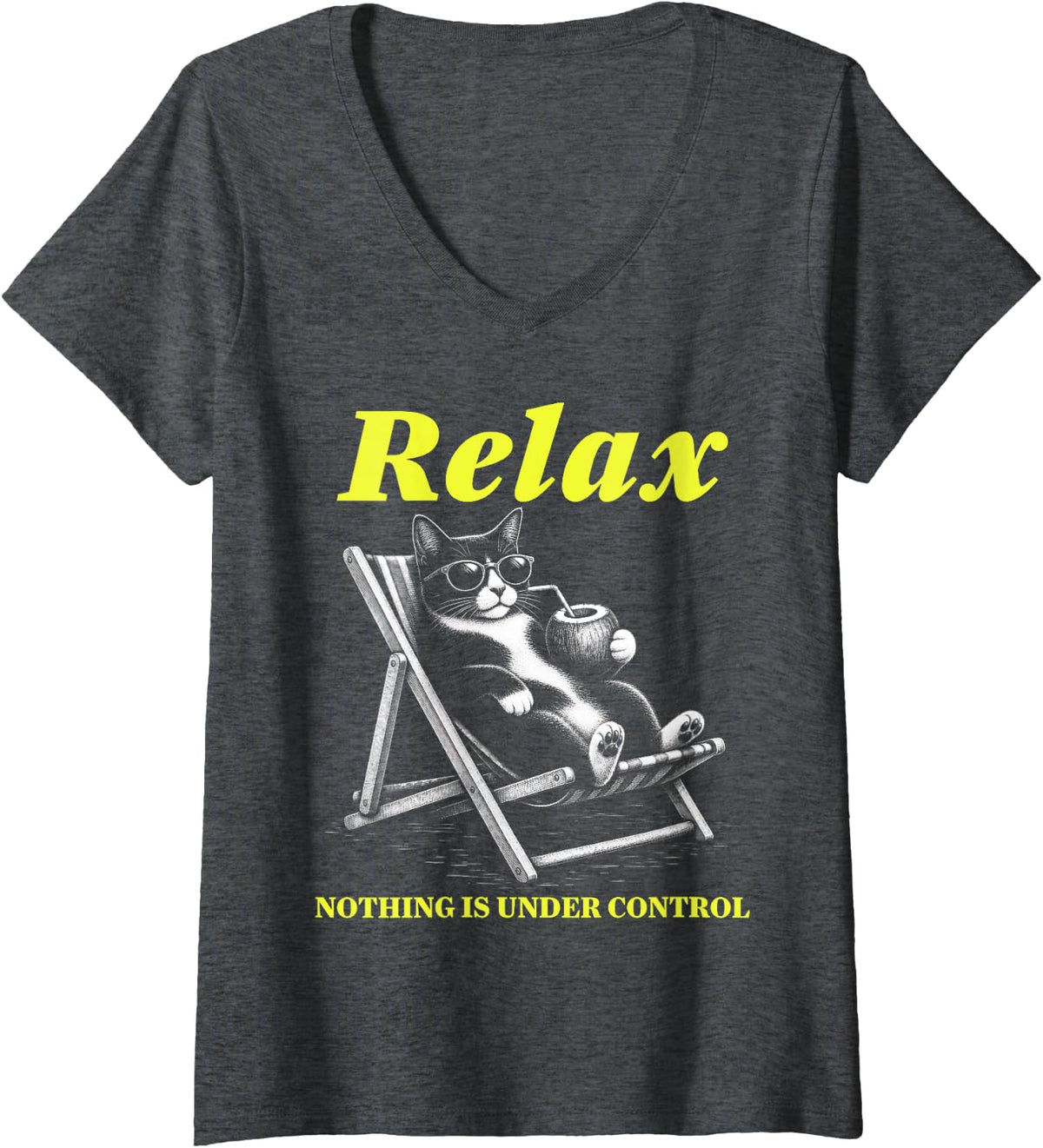 Women's Tuxedo Cat Relax Nothing is Under Control V-Neck T-Shirt - Dark Heather Grey