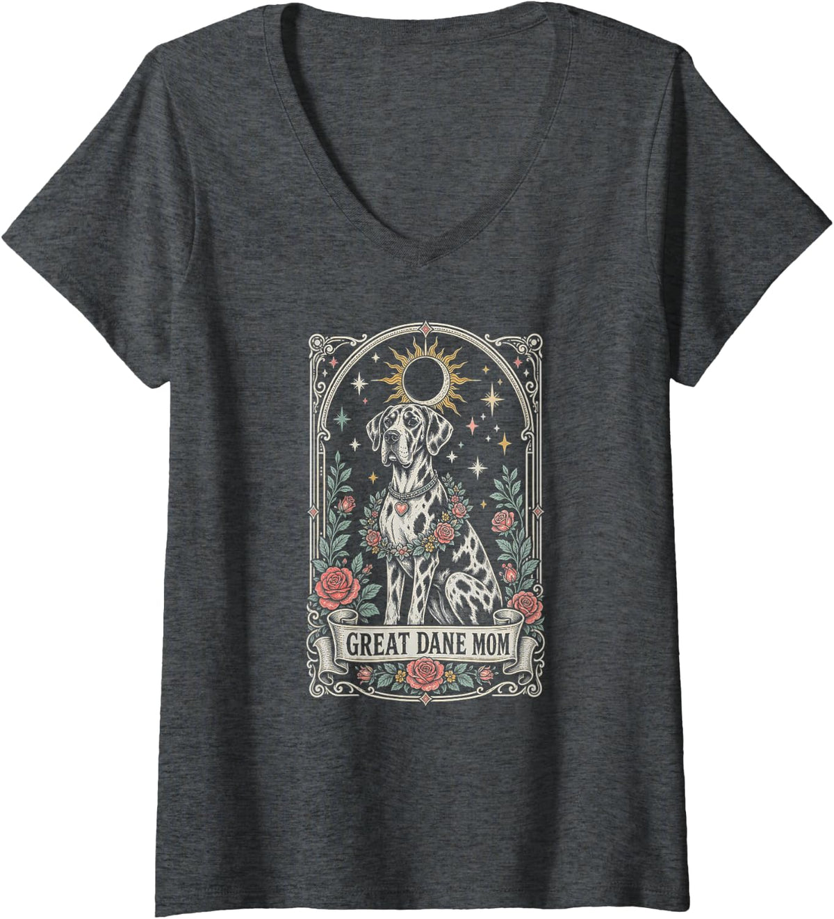 Women's Great Dane Mom Tarot Card Celestial Dog V-Neck T-Shirt - Dark Heather Grey