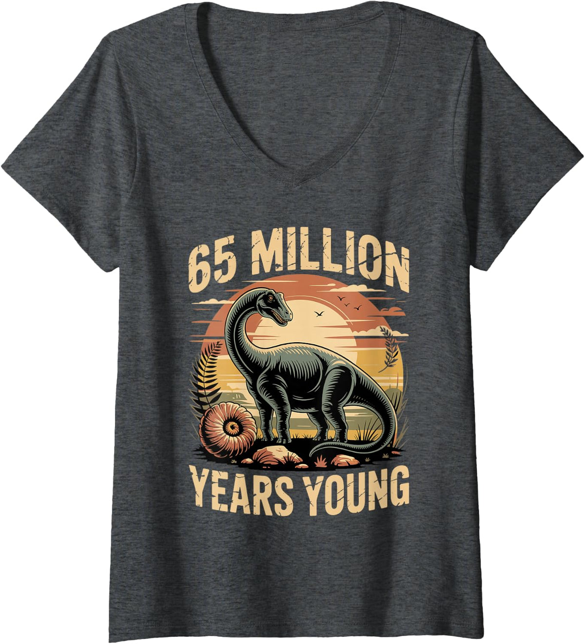 Women's 65 Million Years Young Dinosaur Paleontology Fossil V-Neck T-Shirt - Dark Heather Grey