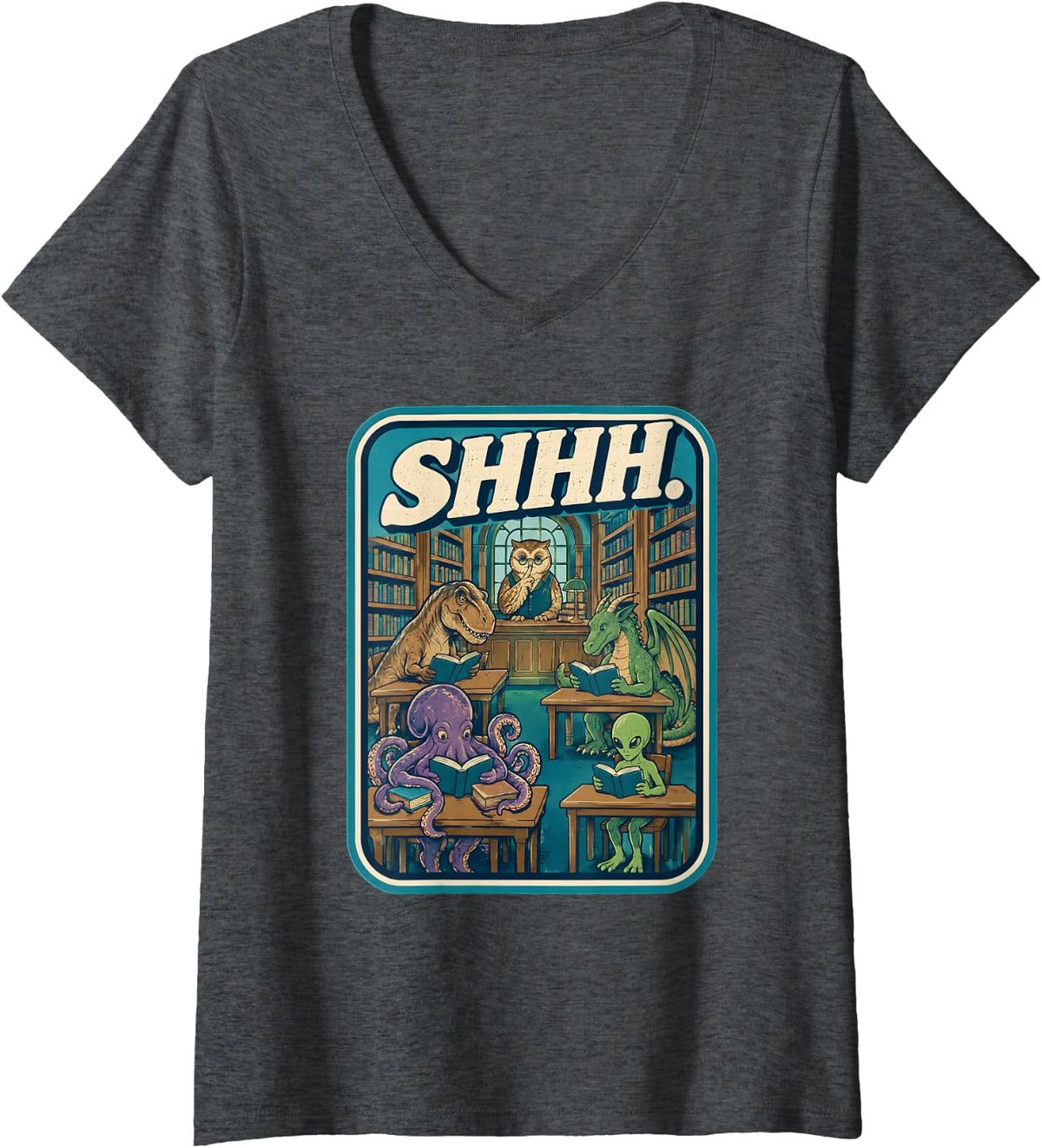 Women's Shhh Library Book Reading Owl Dinosaur V-Neck T-Shirt - Dark Heather Grey