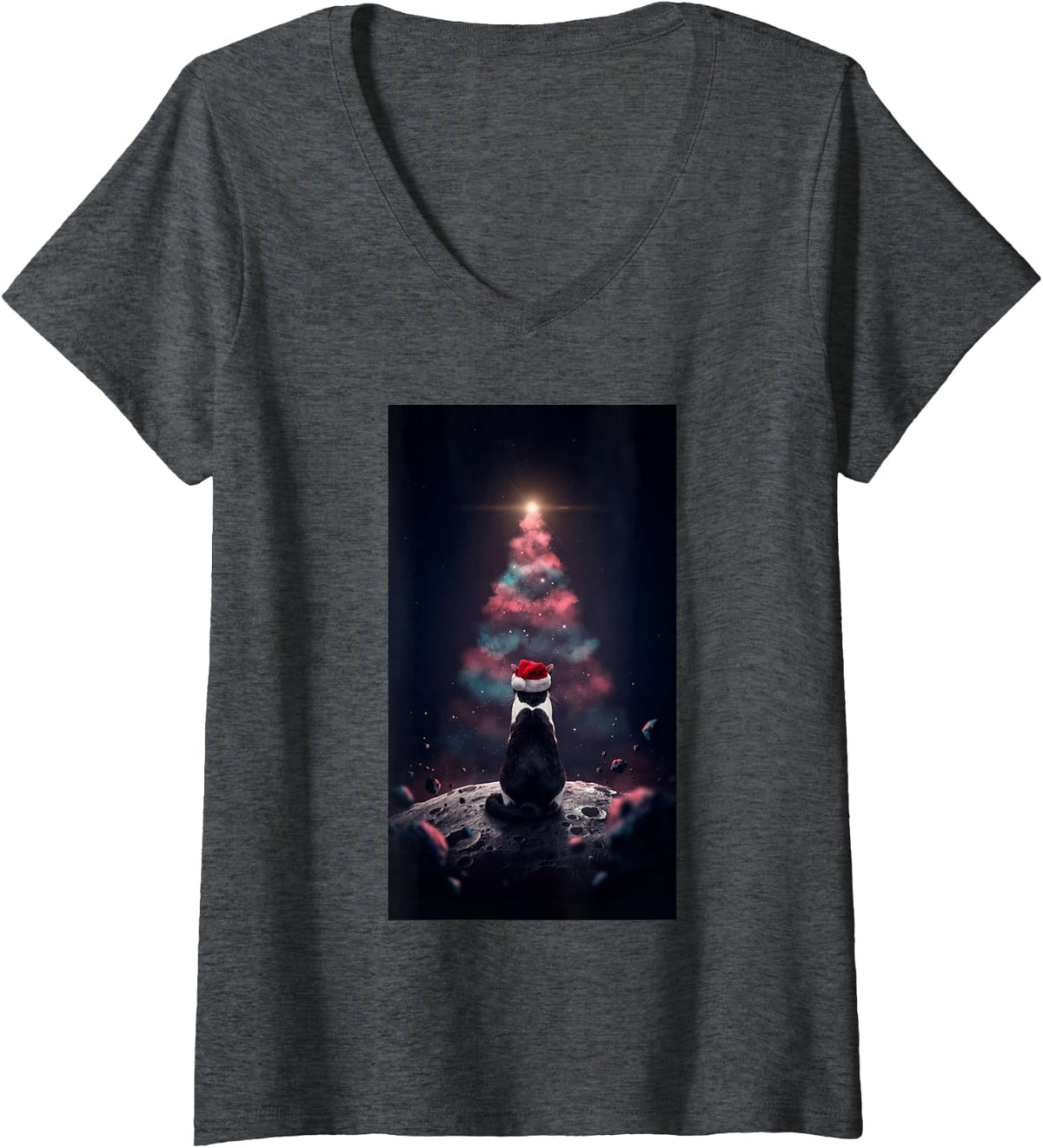 Women's Tuxedo Cat Santa Hat Nebula Christmas Tree Space Cat Lover V-Neck T-Shirt - Dark Heather Grey