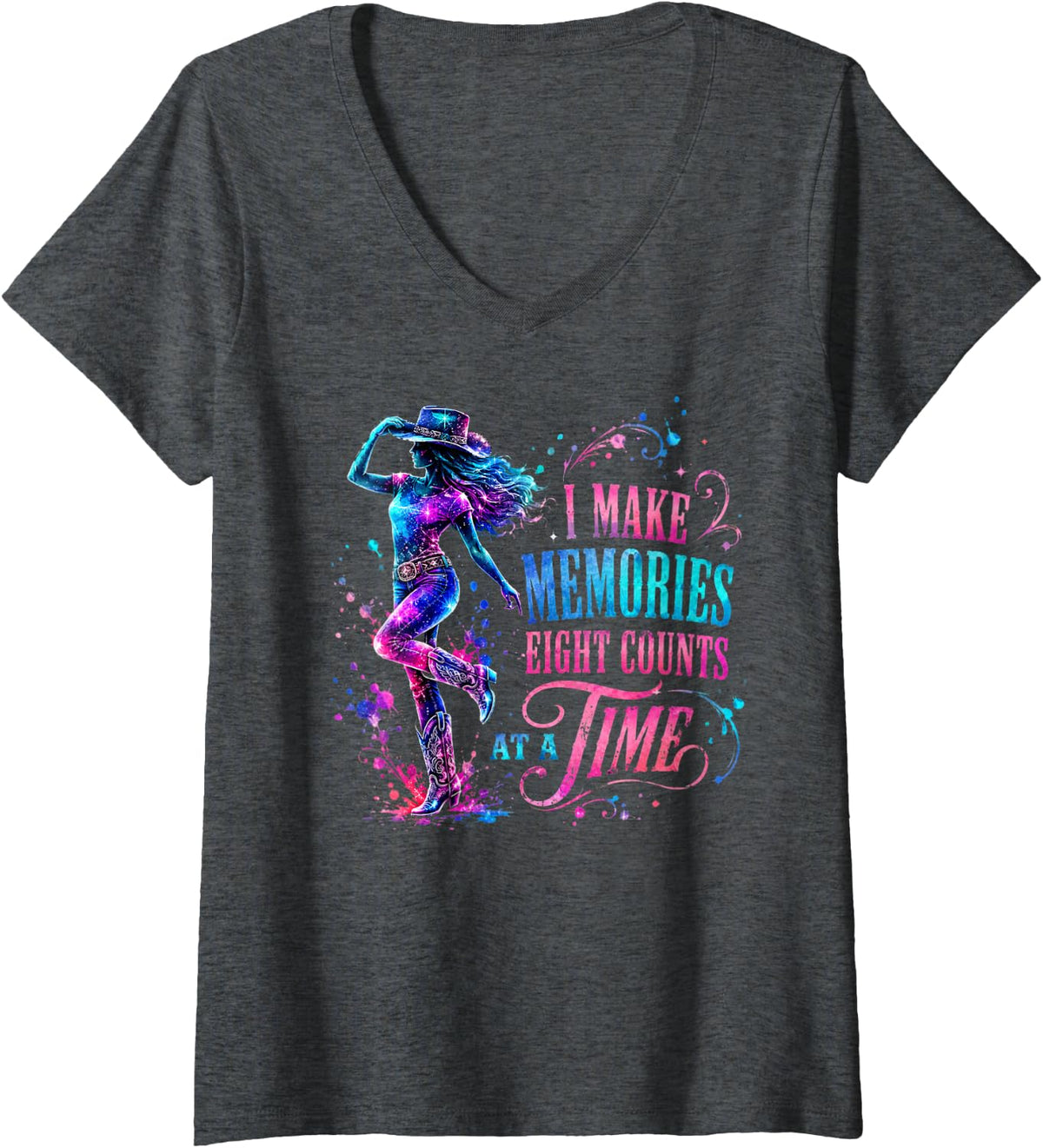 Women's I Make Memories Eight Counts At A Time Line Dancing Dancer V-Neck T-Shirt - Dark Heather Grey