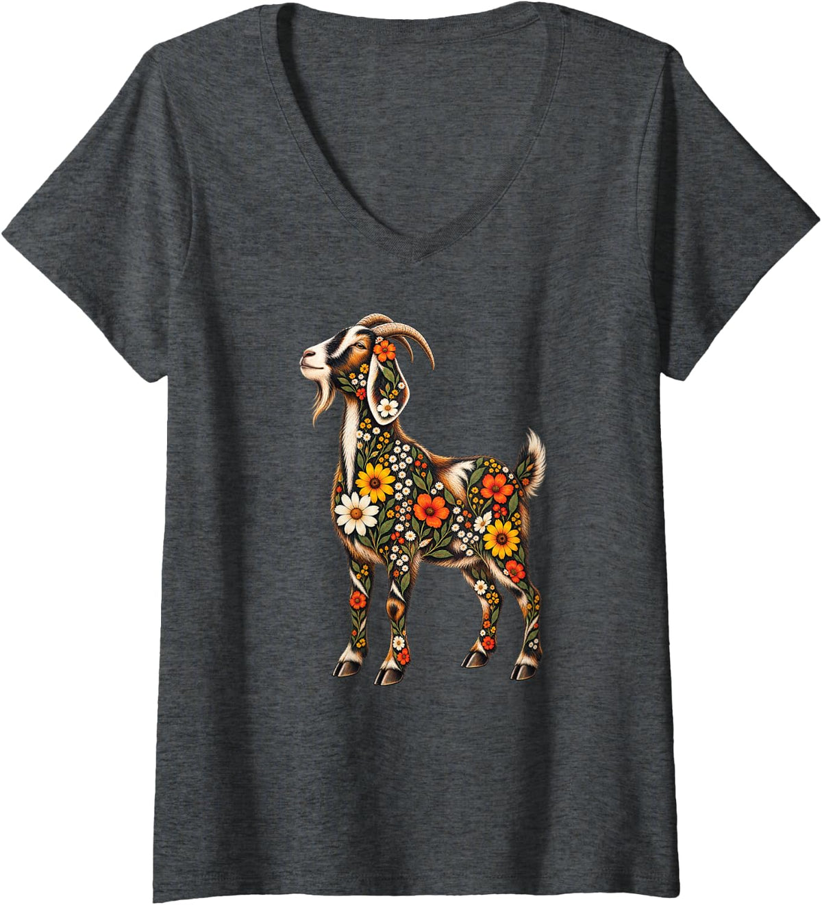 Women's Floral Goat V-Neck T-Shirt - Dark Heather Grey