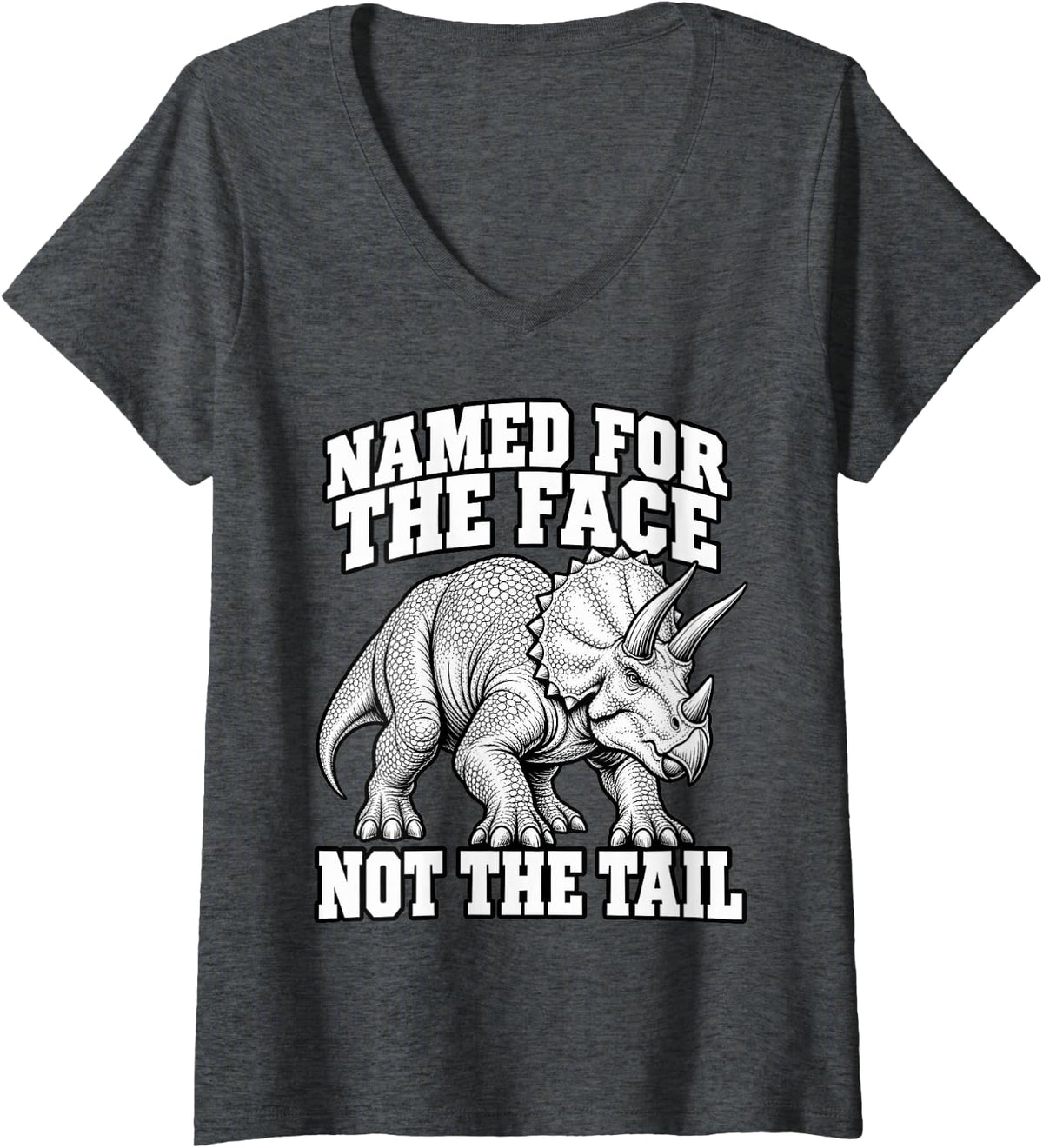 Women's Triceratops Named for The Face Not The Tail Paleo Nerd Funny V-Neck T-Shirt - Dark Heather Grey