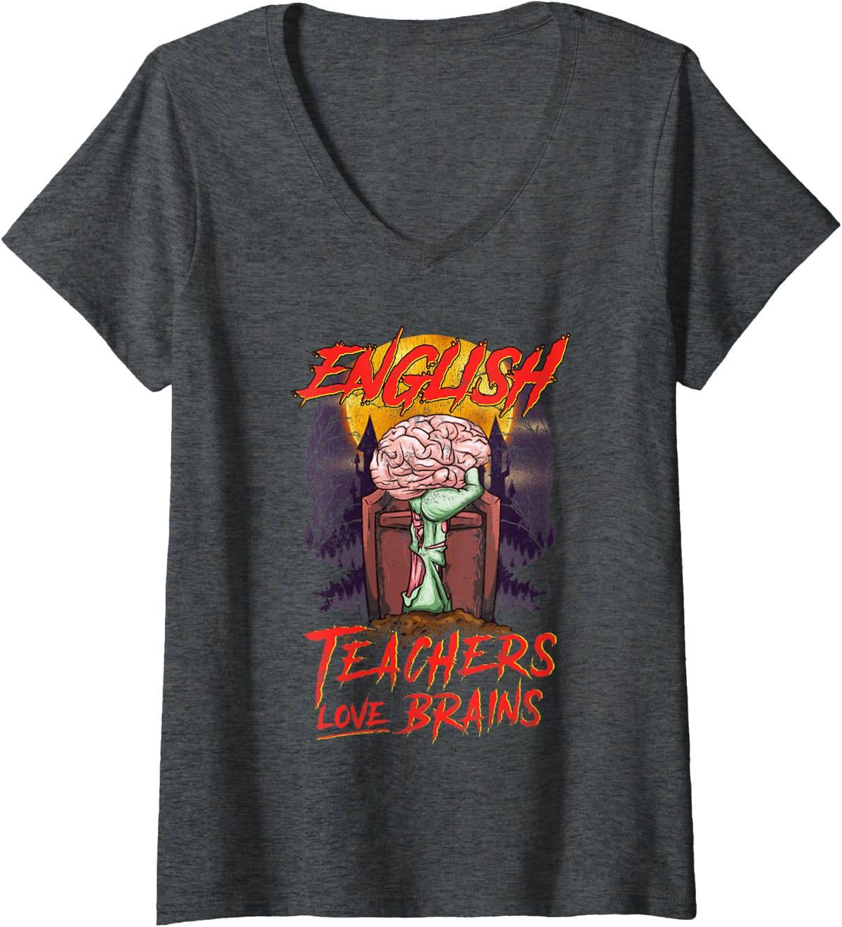 Women's English Teacher Love Brains Joke Funny Halloween Costume V-Neck T-Shirt - Dark Heather Grey
