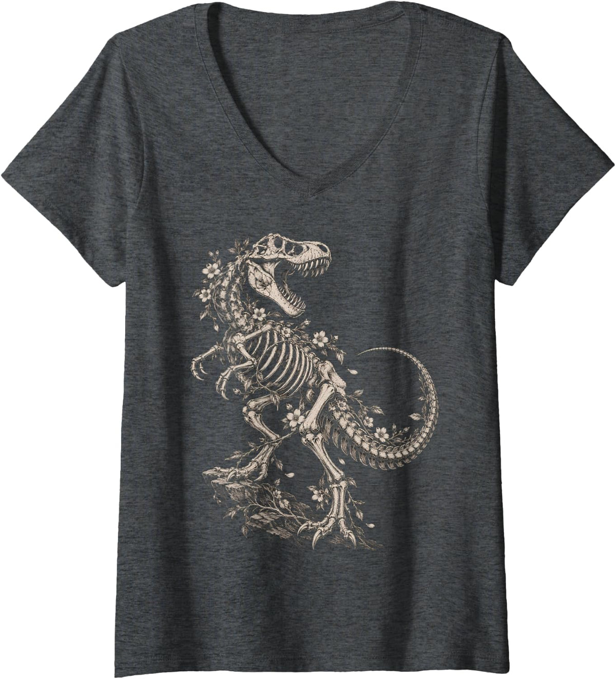 Women's Floral Tee Rex Skeleton Dinosaur Gothic Botanical Fossil Art V-Neck T-Shirt - Dark Heather Grey