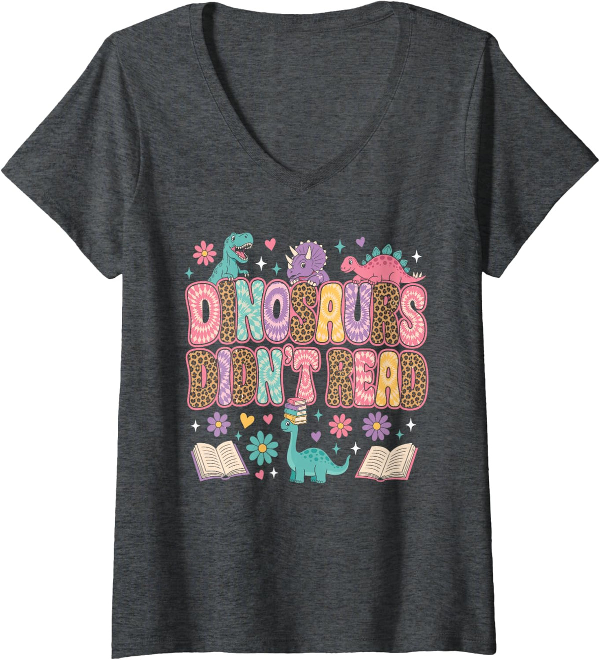 Women's Dinosaurs Didnt Read Groovy Reading Teacher Women V-Neck T-Shirt - Dark Heather Grey