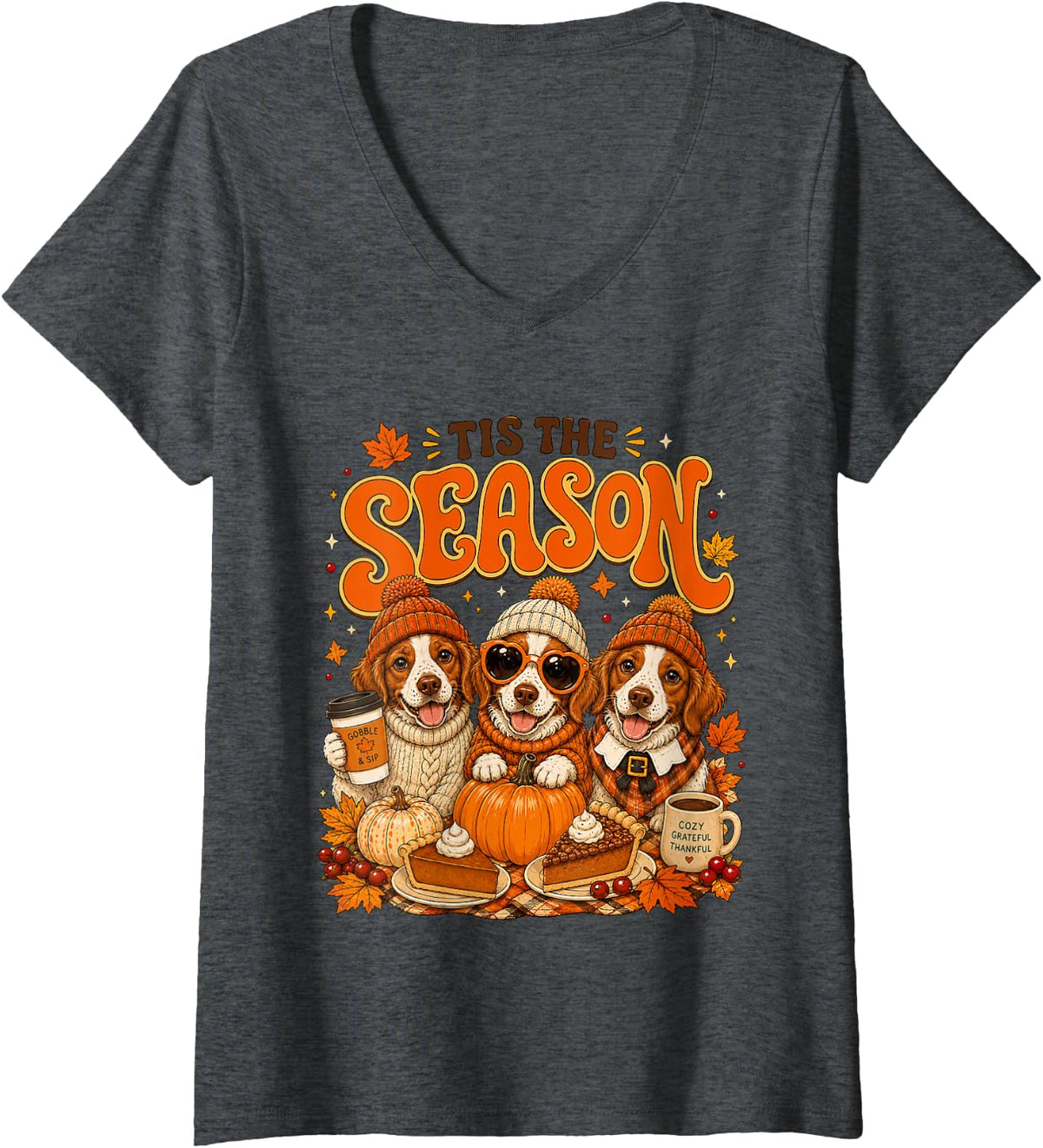 Women's Tis The Season Thanksgiving Brittany Pumpkin Costume V-Neck T-Shirt - Dark Heather Grey