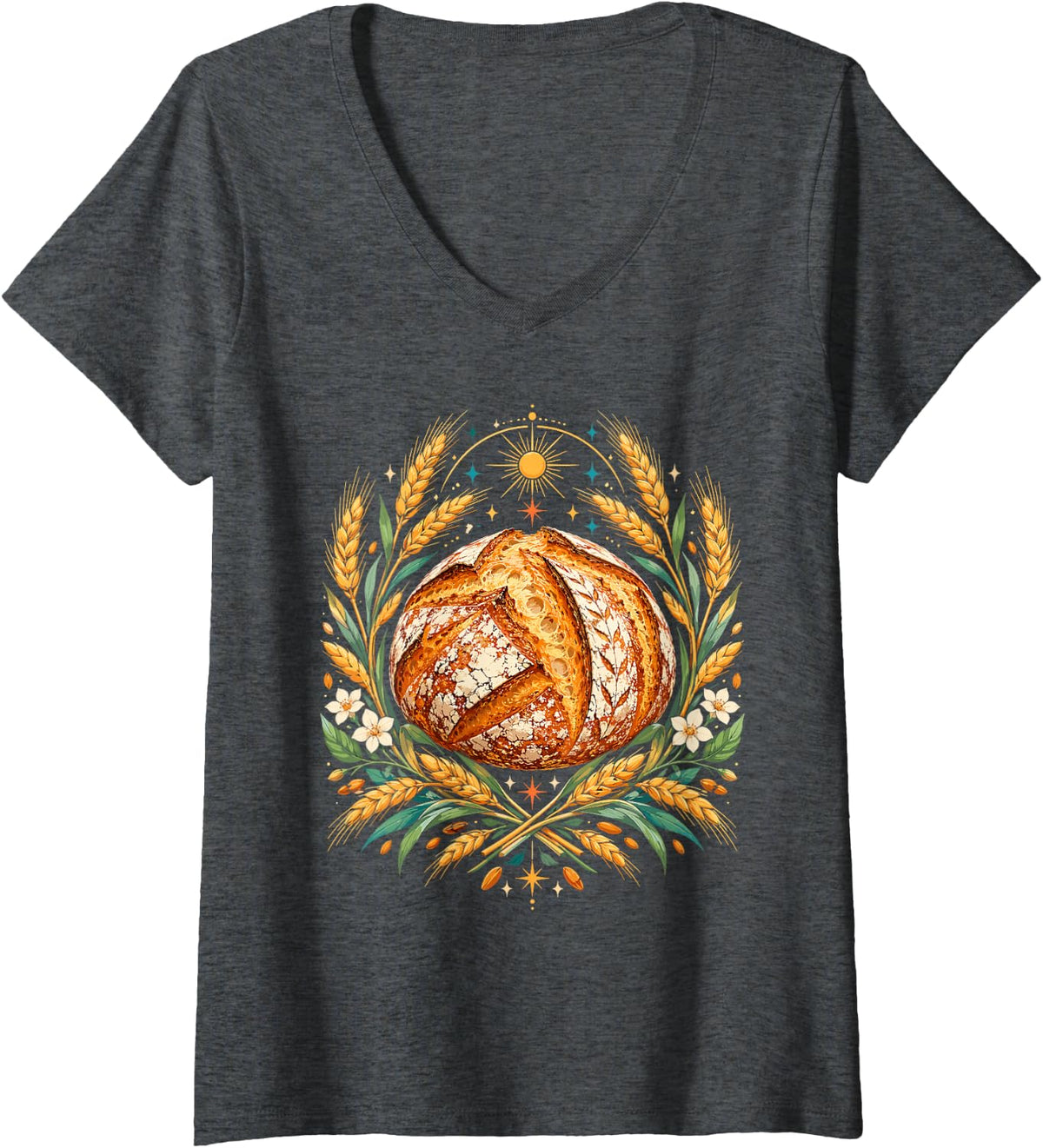 Women's Sourdough Wheat Baking Home Bakers V-Neck T-Shirt - Dark Heather Grey