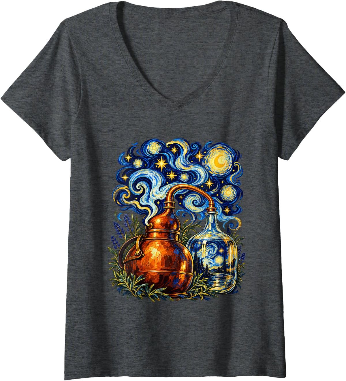 Women's Starry Night Van Gogh Home Brewing Copper Kettle Beer Maker V-Neck T-Shirt - Dark Heather Grey