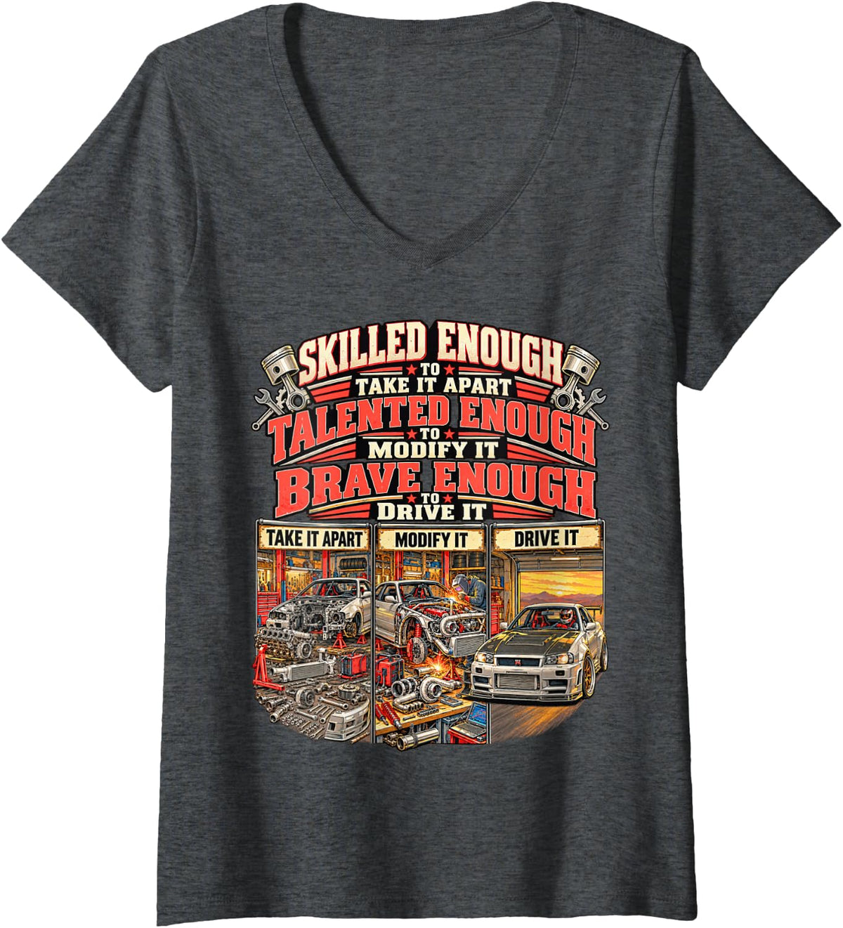 Women's Car Guy Skilled Enough to Take It Apart Modify It Drive It V-Neck T-Shirt - Dark Heather Grey