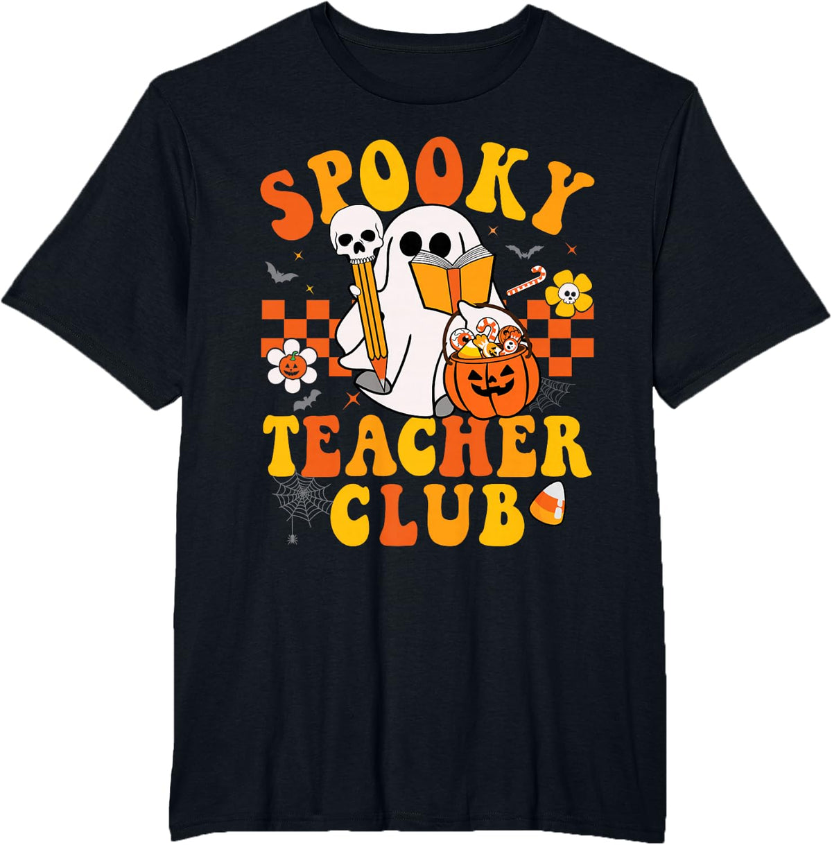 Spooky School Teacher Club Funny Halloween Ghost Teaching T-Shirt - Black