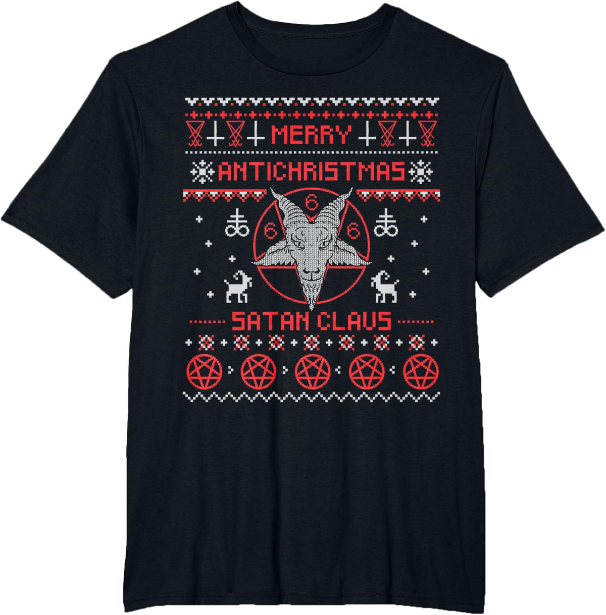 Merry Antichristmas Satan Claus Pentagram Upside Down Cross T-Shirt - Black