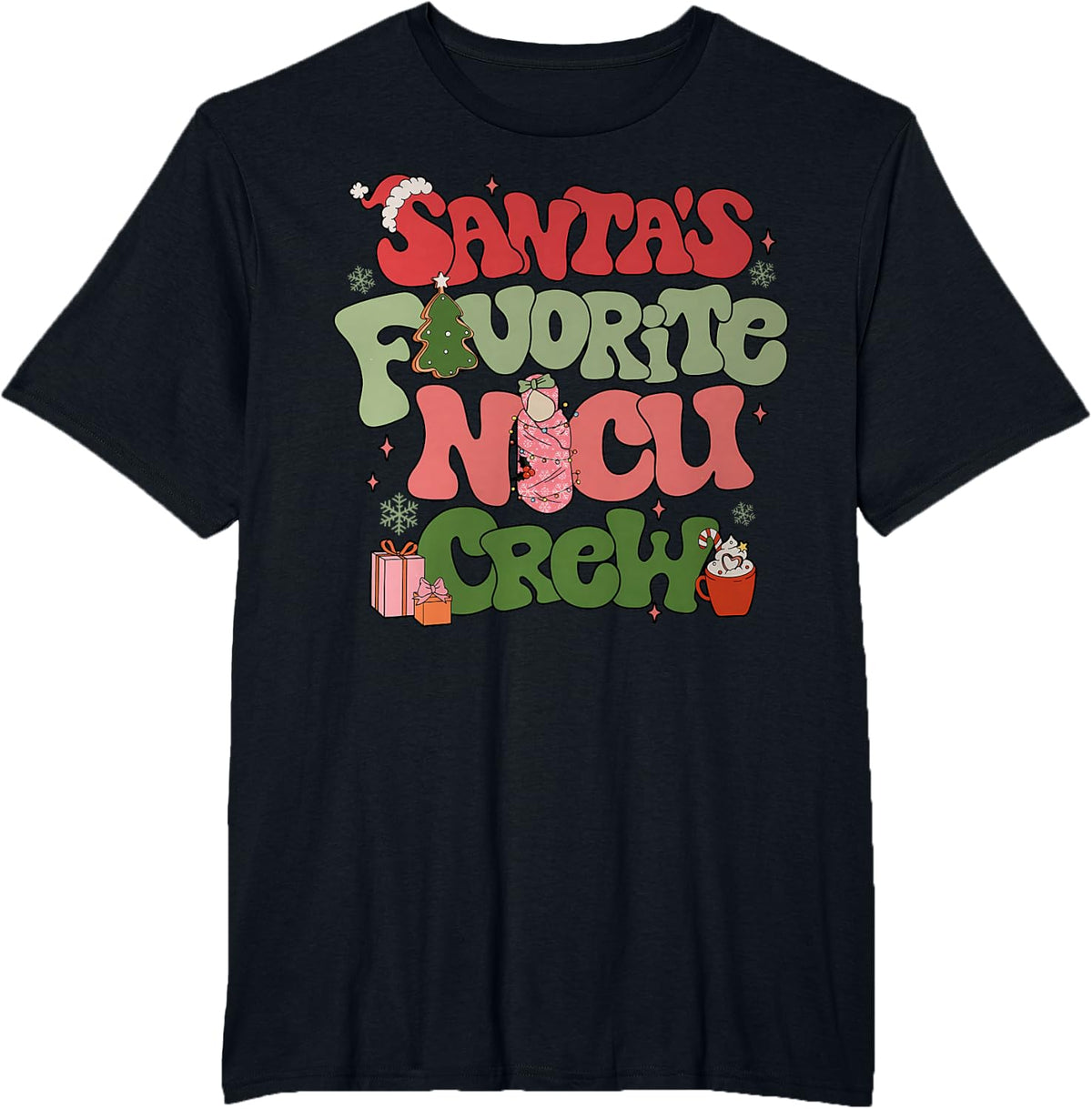 Retro Groovy Santa's favorite Nicu Crew Nurse Neonatal ICU T-Shirt - Black