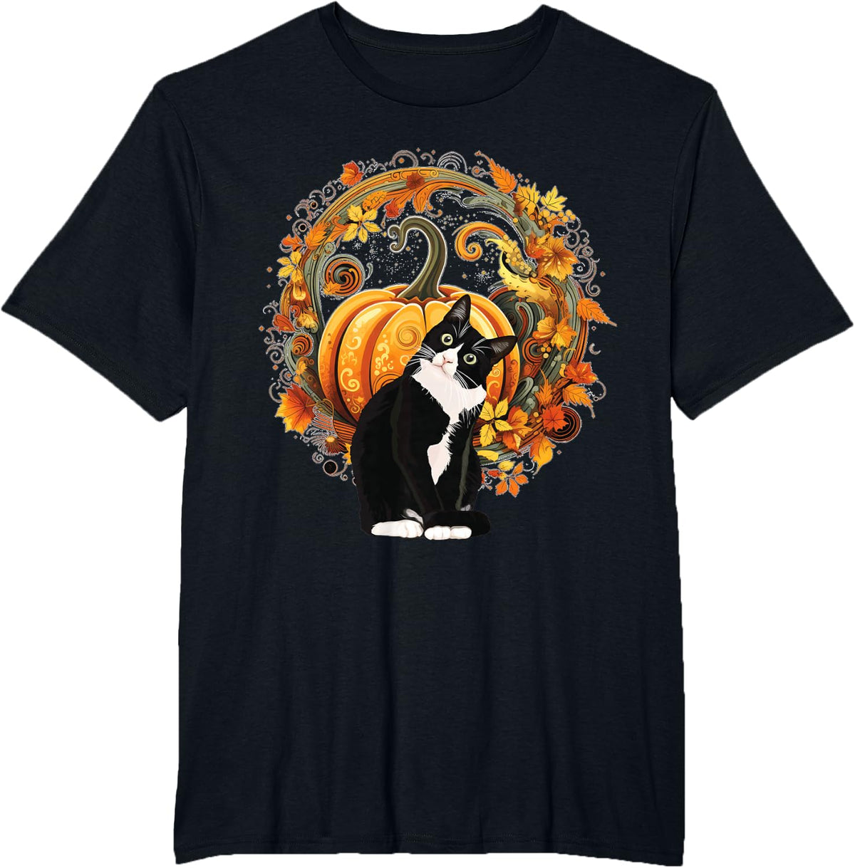 Tuxedo Cat Halloween Lazy Costume Autumn Fall Wreath T-Shirt - Black