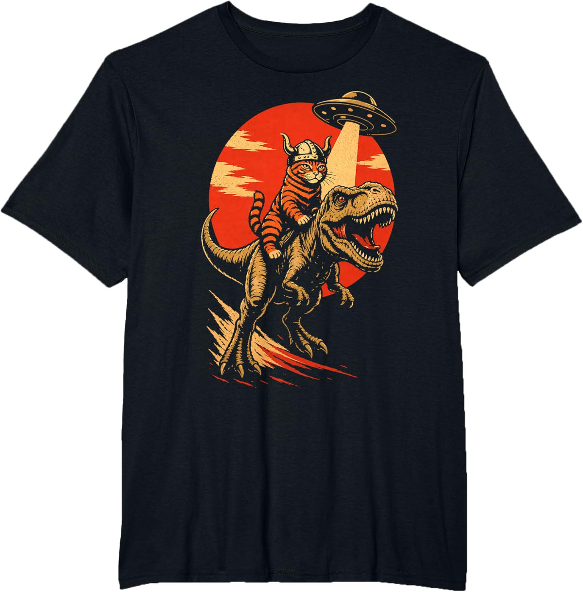 Viking Cat Riding Dinosaur - Humorous UFO Abduction T-Shirt - Black