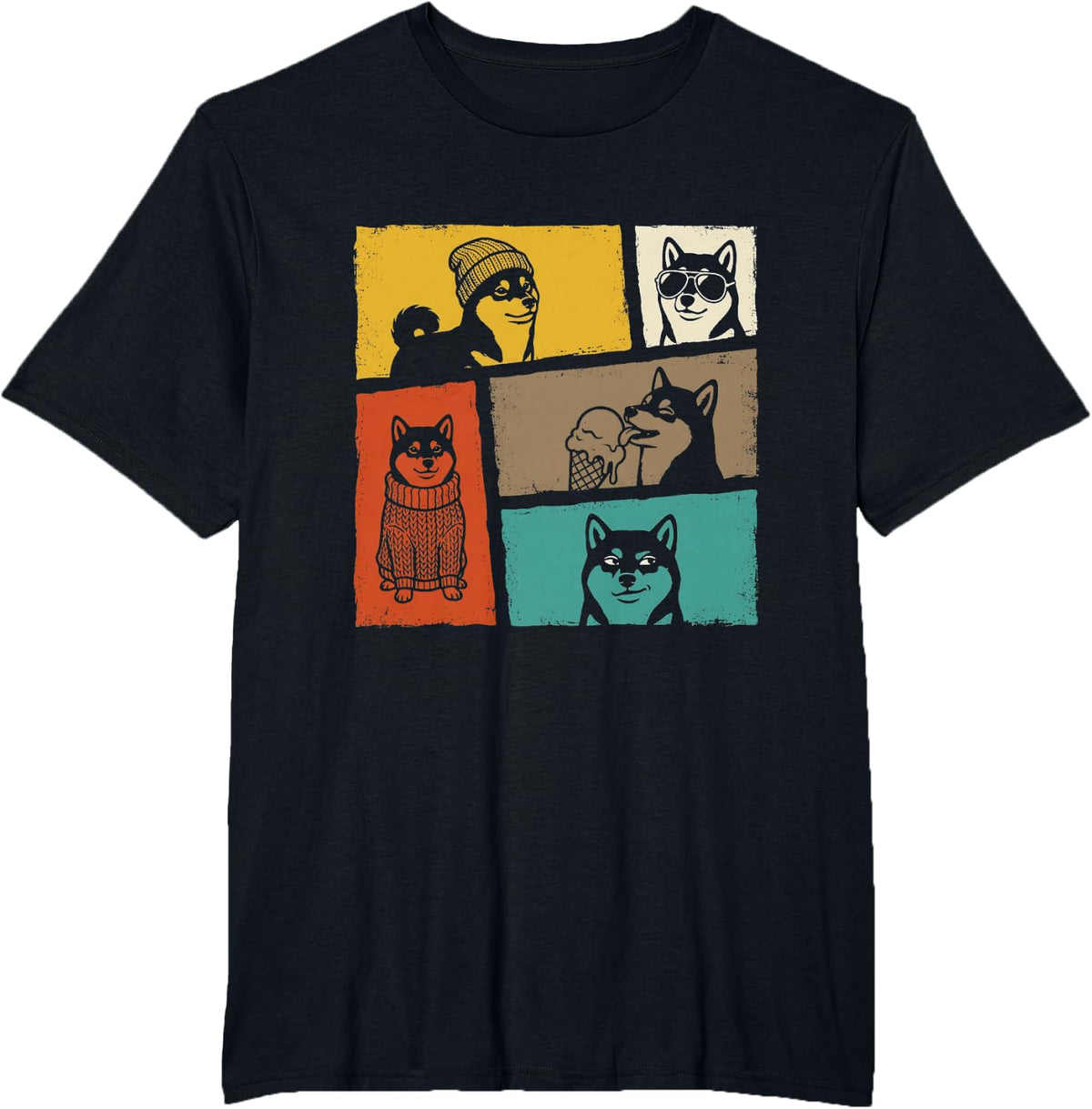 Shiba Inu Funny Collage Panel T-Shirt - Black
