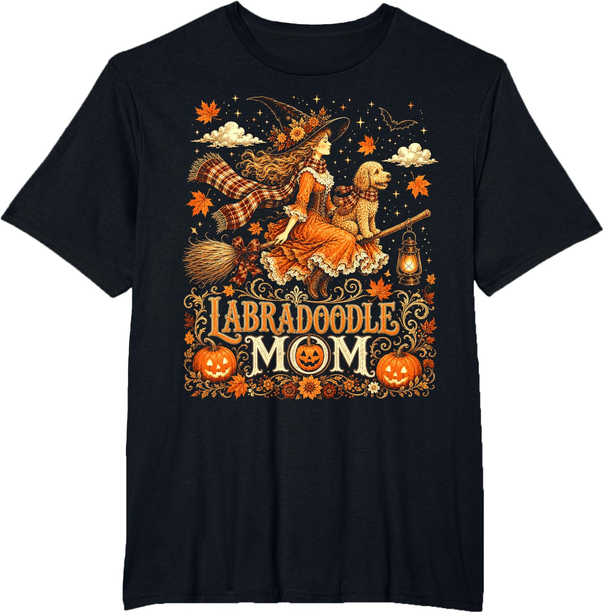 Halloween Witch Mom Labradoodle Dog Fall Pumpkin T-Shirt - Black