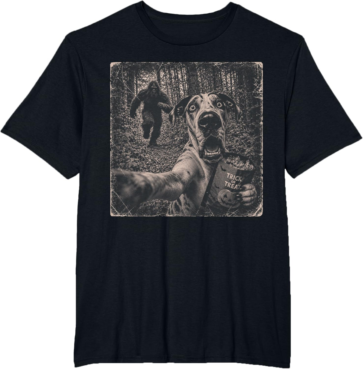 Spooky Great Dane Selfie with Bigfoot Halloween Dog Lover T-Shirt - Black