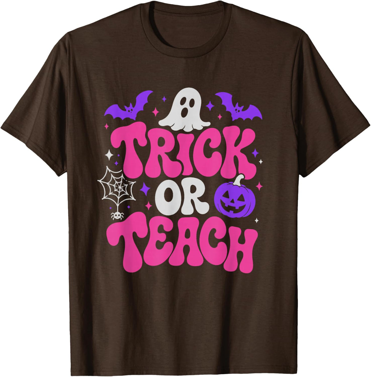 Trick Or Teach Groovy Teacher Halloween Funny Retro Ghost T-Shirt - Brown