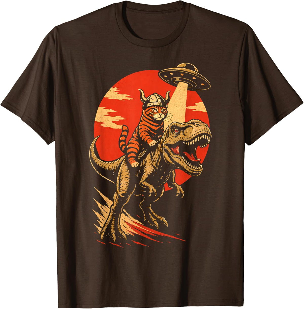 Viking Cat Riding Dinosaur - Humorous UFO Abduction T-Shirt - Brown
